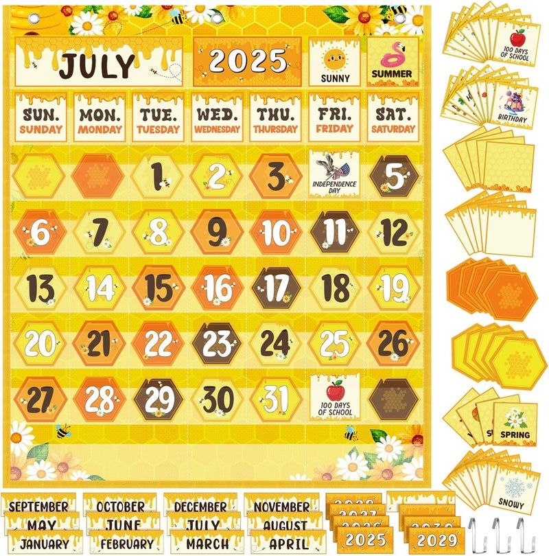 Sinload Classroom Calendar Pocket Chart Set Calendar Bulletin Board Set Seasons Festival Weather Pocket Chart for Classroom Decoration Back to School Supplies (Bee) - Image 1